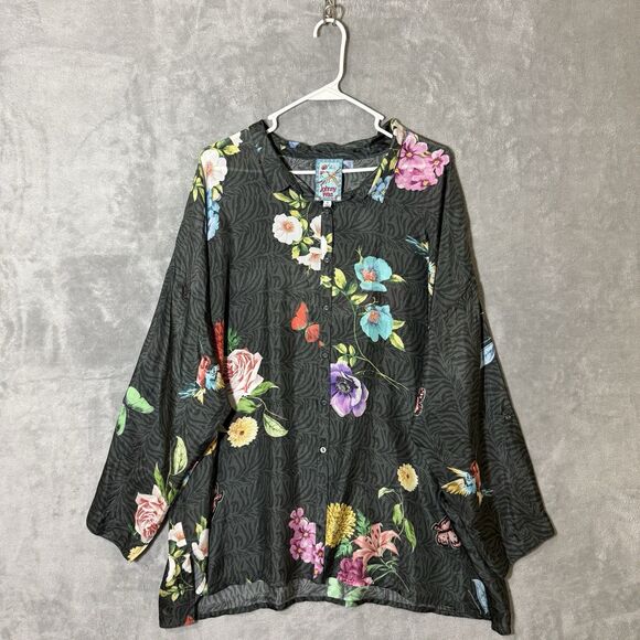 Johnny Was Top Plus 2X Blooming  100% Silk Floral Semisheer Roll Tab Sleeve READ - Picture 1 of 13